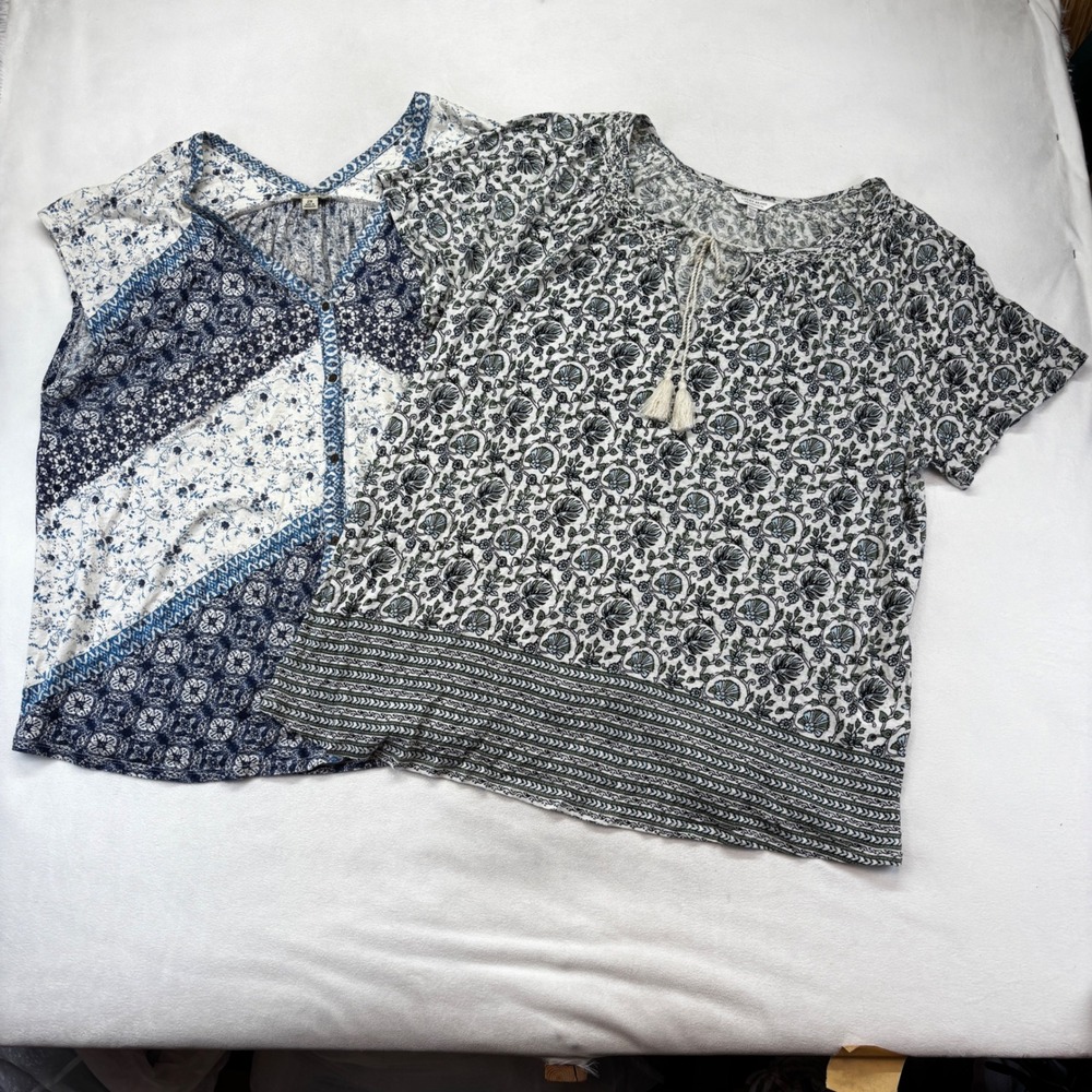 Lucky Brand Blouse Bundle Women 2X Blue Black Floral Boho Peasant Tops Lot 2pc - Picture 2 of 12